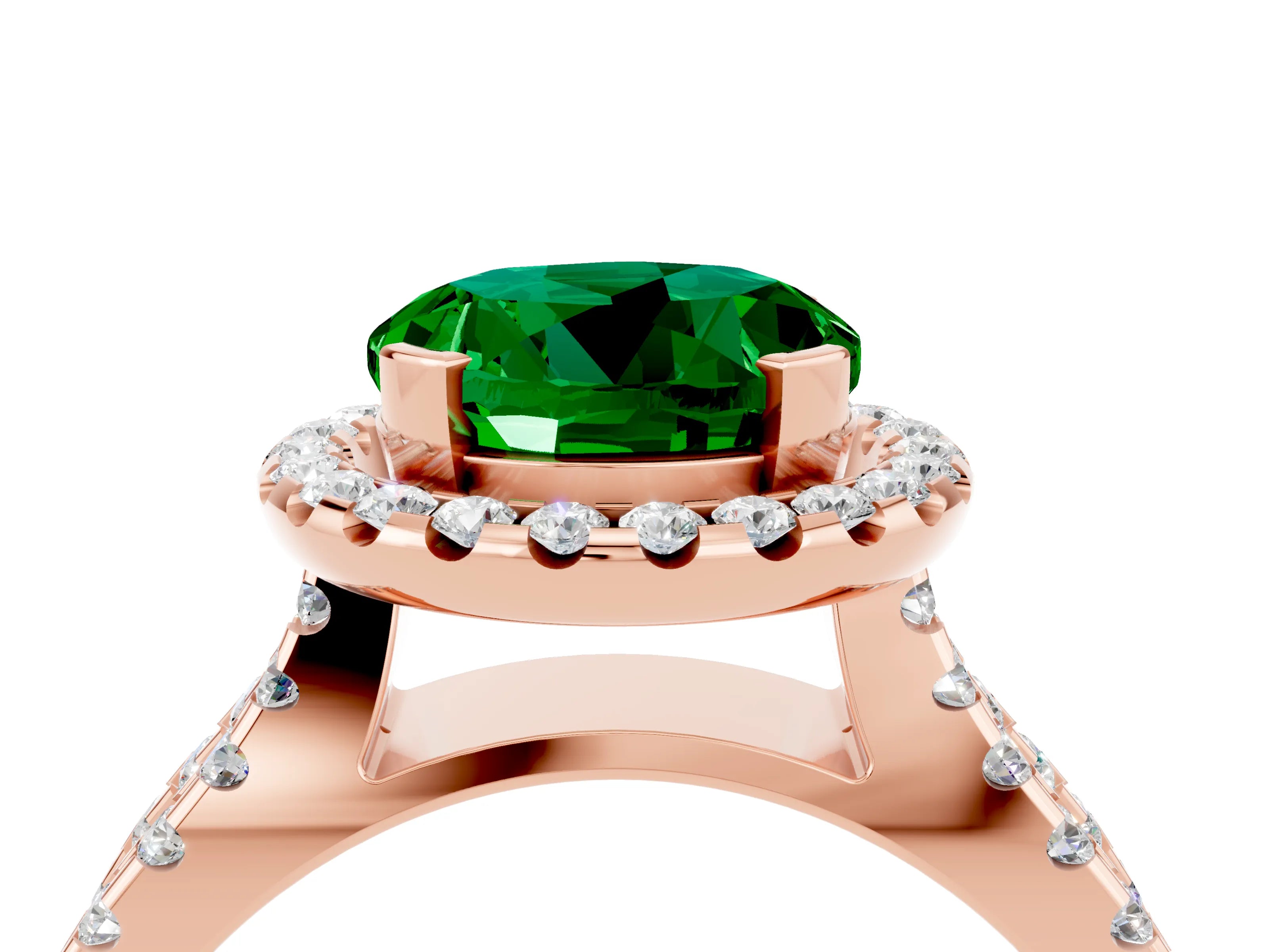 Rose gold Round Cut Emerald Halo Ring with Split Shank Pavé Band and Prong Setting_4
