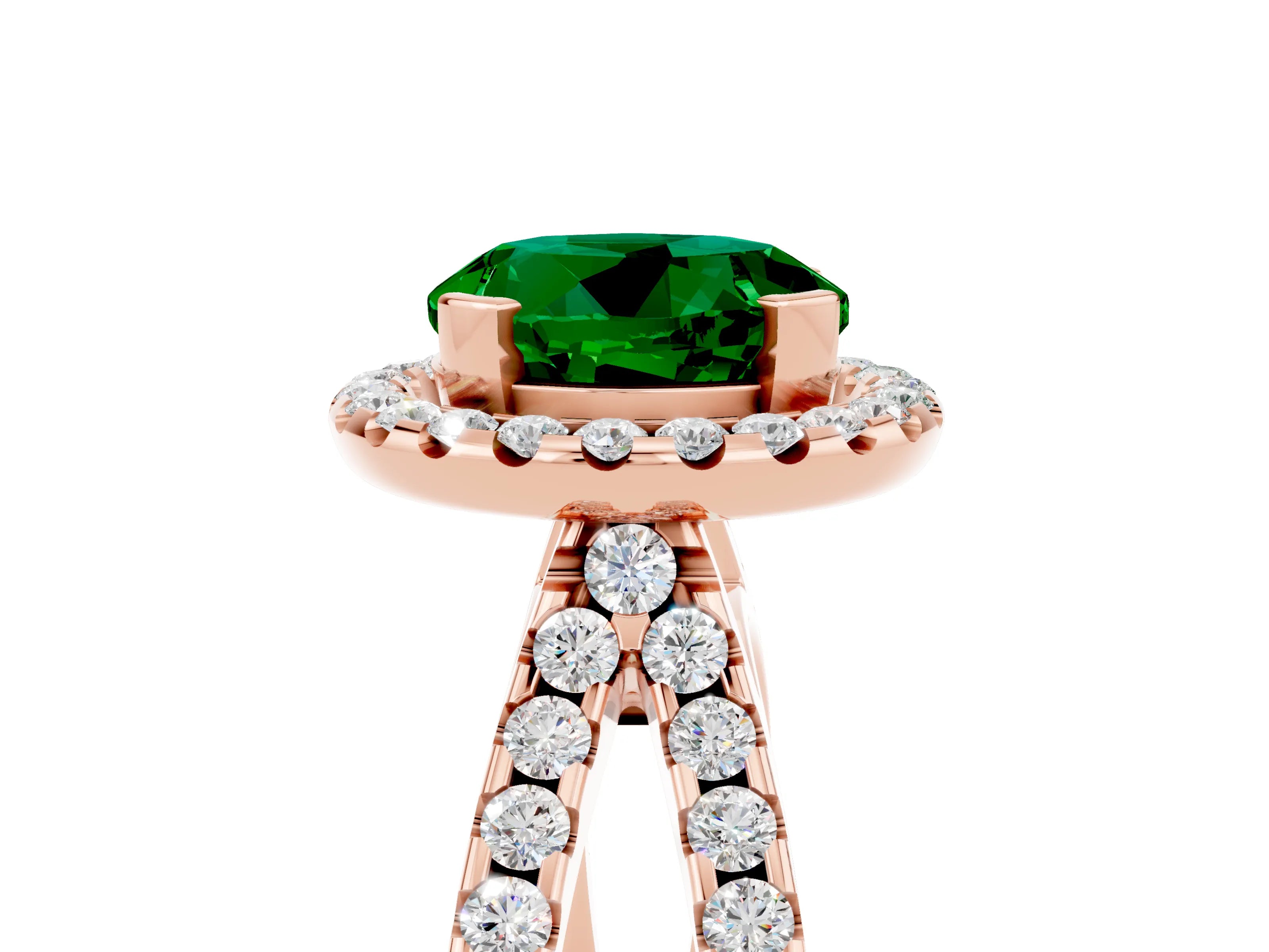 Rose gold Round Cut Emerald Halo Ring with Split Shank Pavé Band and Prong Setting_5
