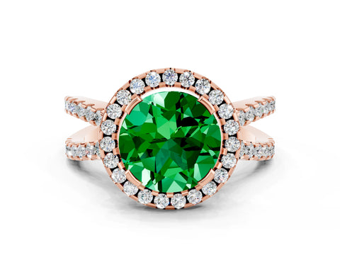 Rose gold Round Cut Emerald Halo Ring with Split Shank Pavé Band and Prong Setting