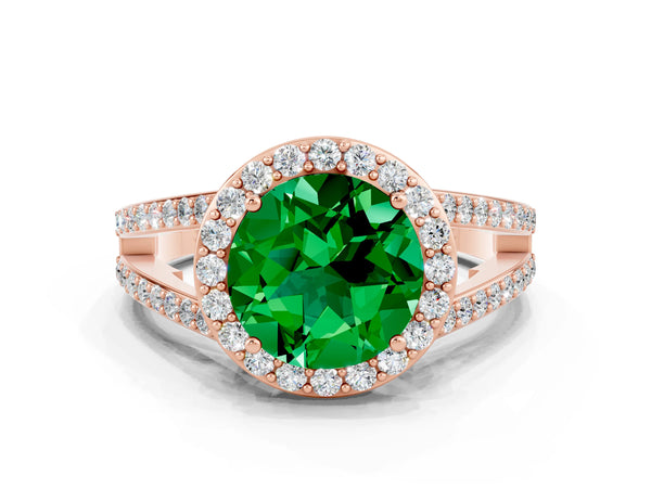 Rose gold Round Cut Emerald Halo Ring with Split Shank U-Prong Band and Four-Prong Setting