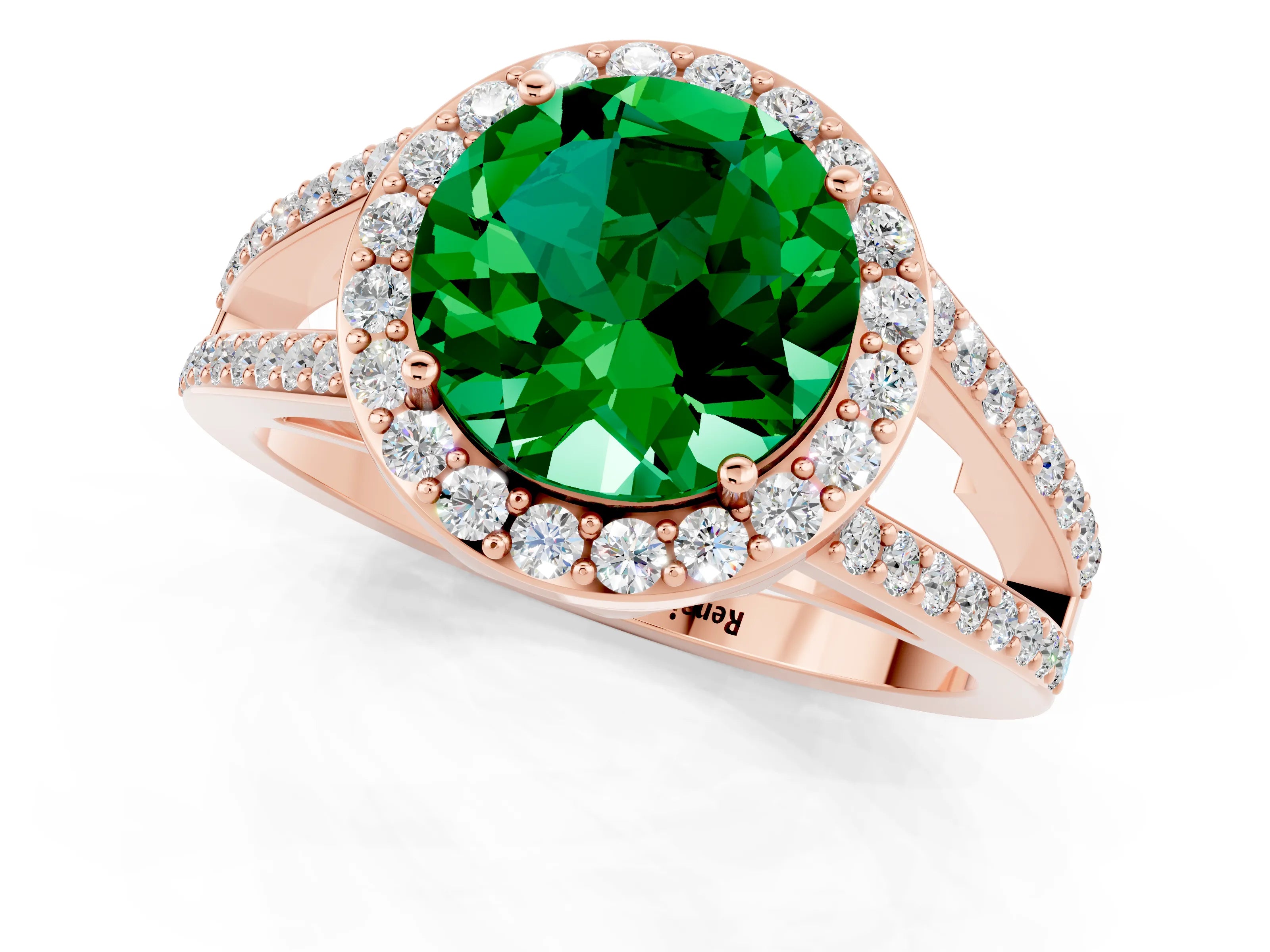 Rose gold Round Cut Emerald Halo Ring with Split Shank U-Prong Band and Four-Prong Setting_1