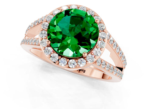 Rose gold Round Cut Emerald Halo Ring with Split Shank U-Prong Band and Four-Prong Setting_1