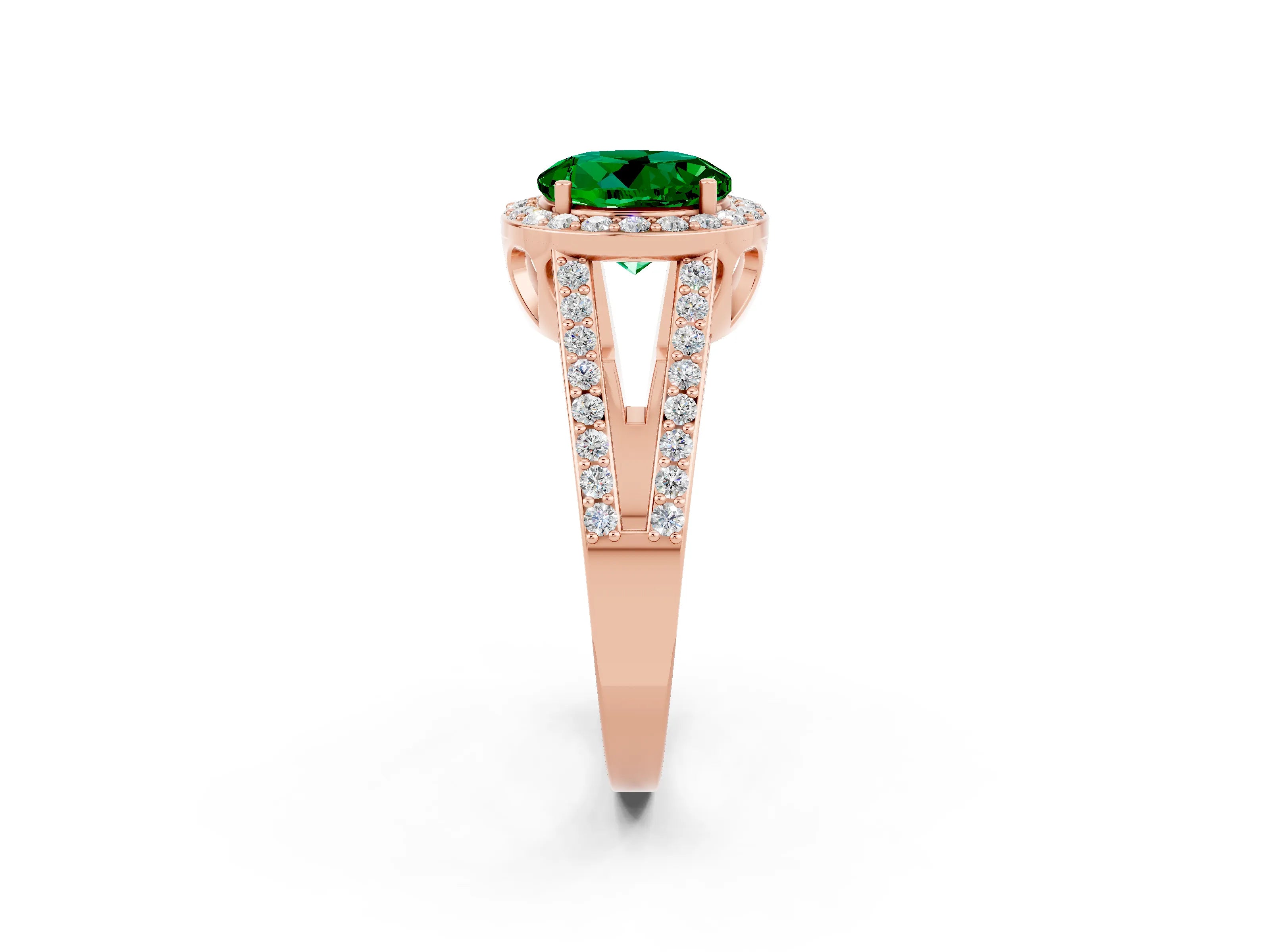 Rose gold Round Cut Emerald Halo Ring with Split Shank U-Prong Band and Four-Prong Setting_2