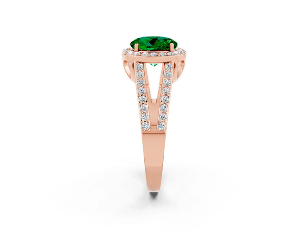 Rose gold Round Cut Emerald Halo Ring with Split Shank U-Prong Band and Four-Prong Setting