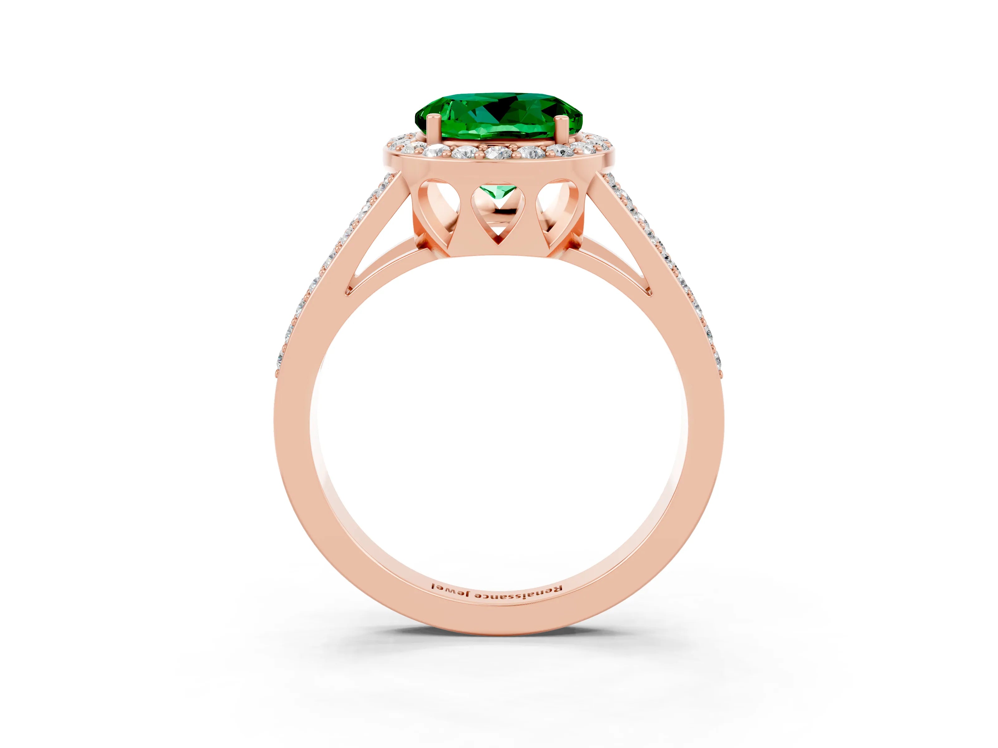 Rose gold Round Cut Emerald Halo Ring with Split Shank U-Prong Band and Four-Prong Setting_3