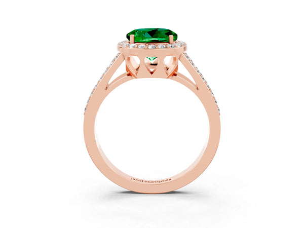 Rose gold Round Cut Emerald Halo Ring with Split Shank U-Prong Band and Four-Prong Setting