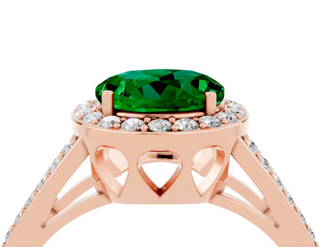 Rose gold Round Cut Emerald Halo Ring with Split Shank U-Prong Band and Four-Prong Setting_4