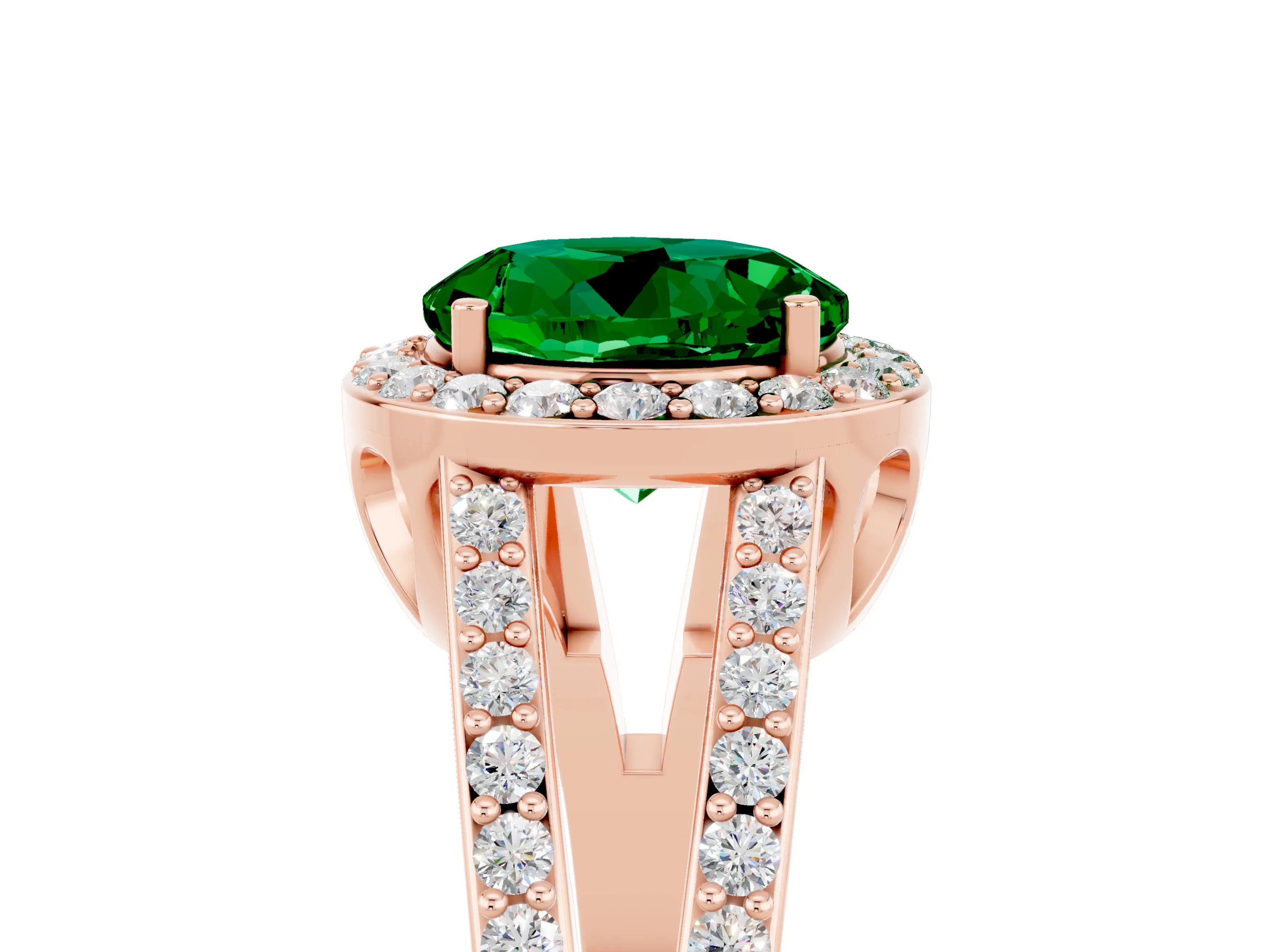 Rose gold Round Cut Emerald Halo Ring with Split Shank U-Prong Band and Four-Prong Setting_5
