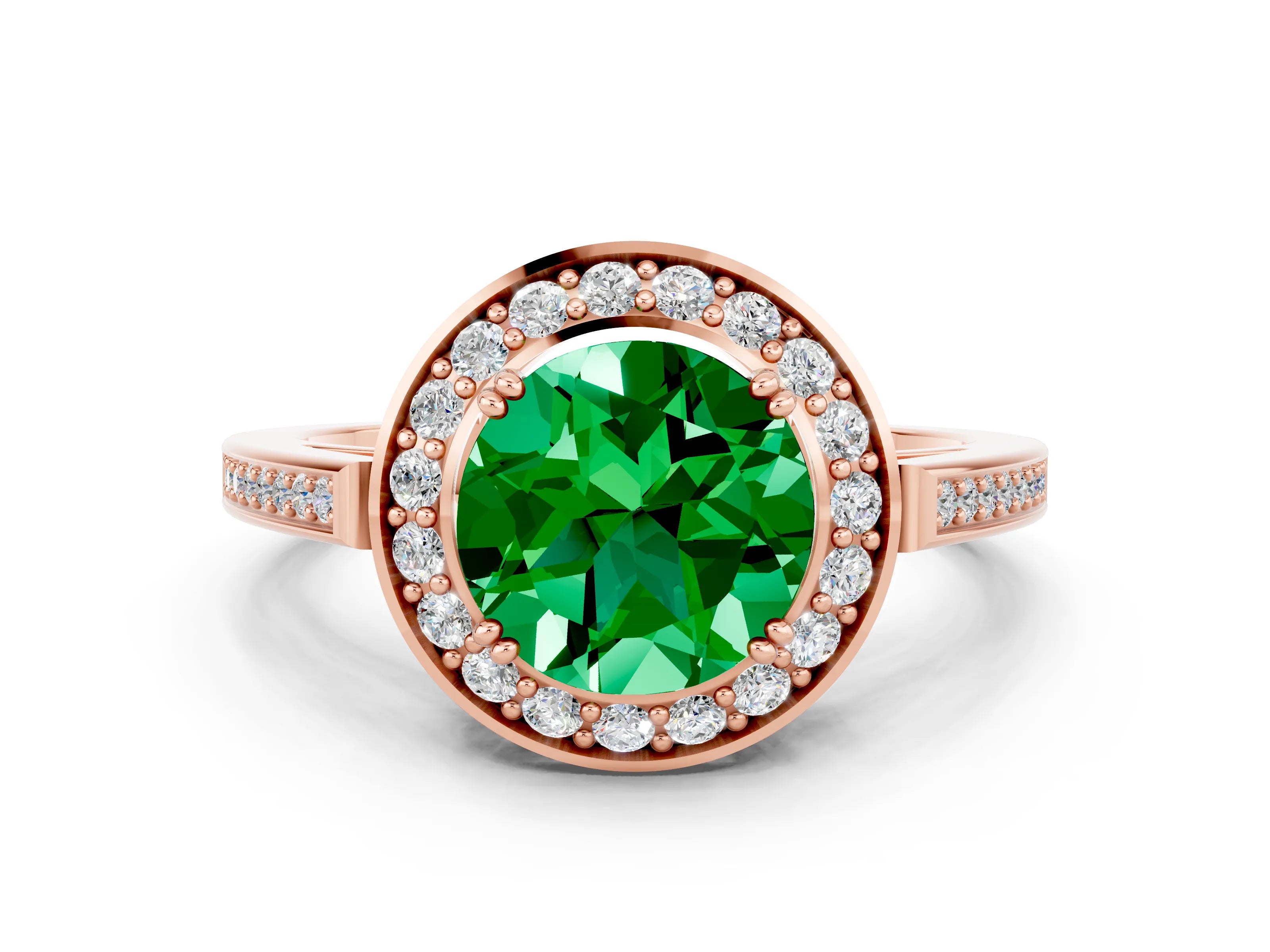 Rose gold Round Cut Emerald Halo Ring with Split Shank and Four-Prong Setting