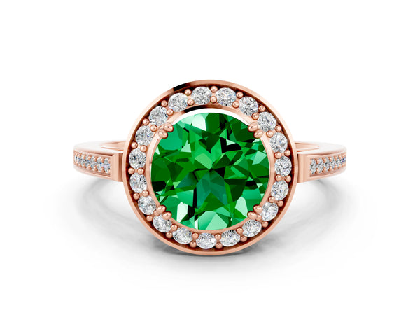 Rose gold Round Cut Emerald Halo Ring with Split Shank and Four-Prong Setting