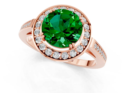 Rose gold Round Cut Emerald Halo Ring with Split Shank and Four-Prong Setting_1