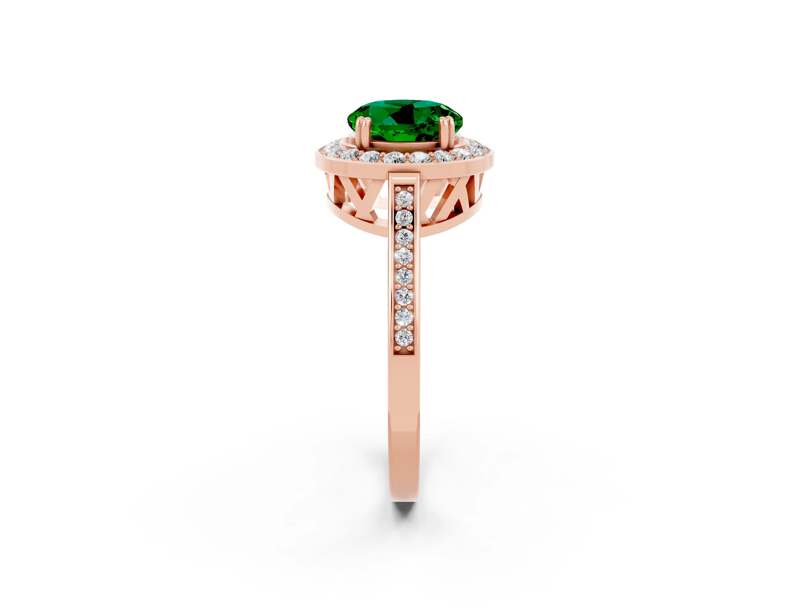 Rose gold Round Cut Emerald Halo Ring with Split Shank and Four-Prong Setting_2