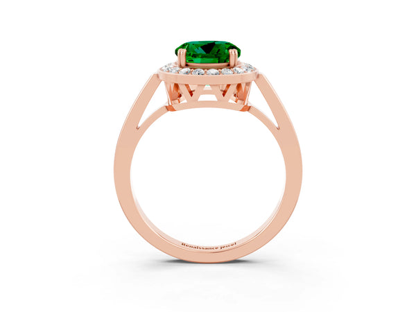 Rose gold Round Cut Emerald Halo Ring with Split Shank and Four-Prong Setting