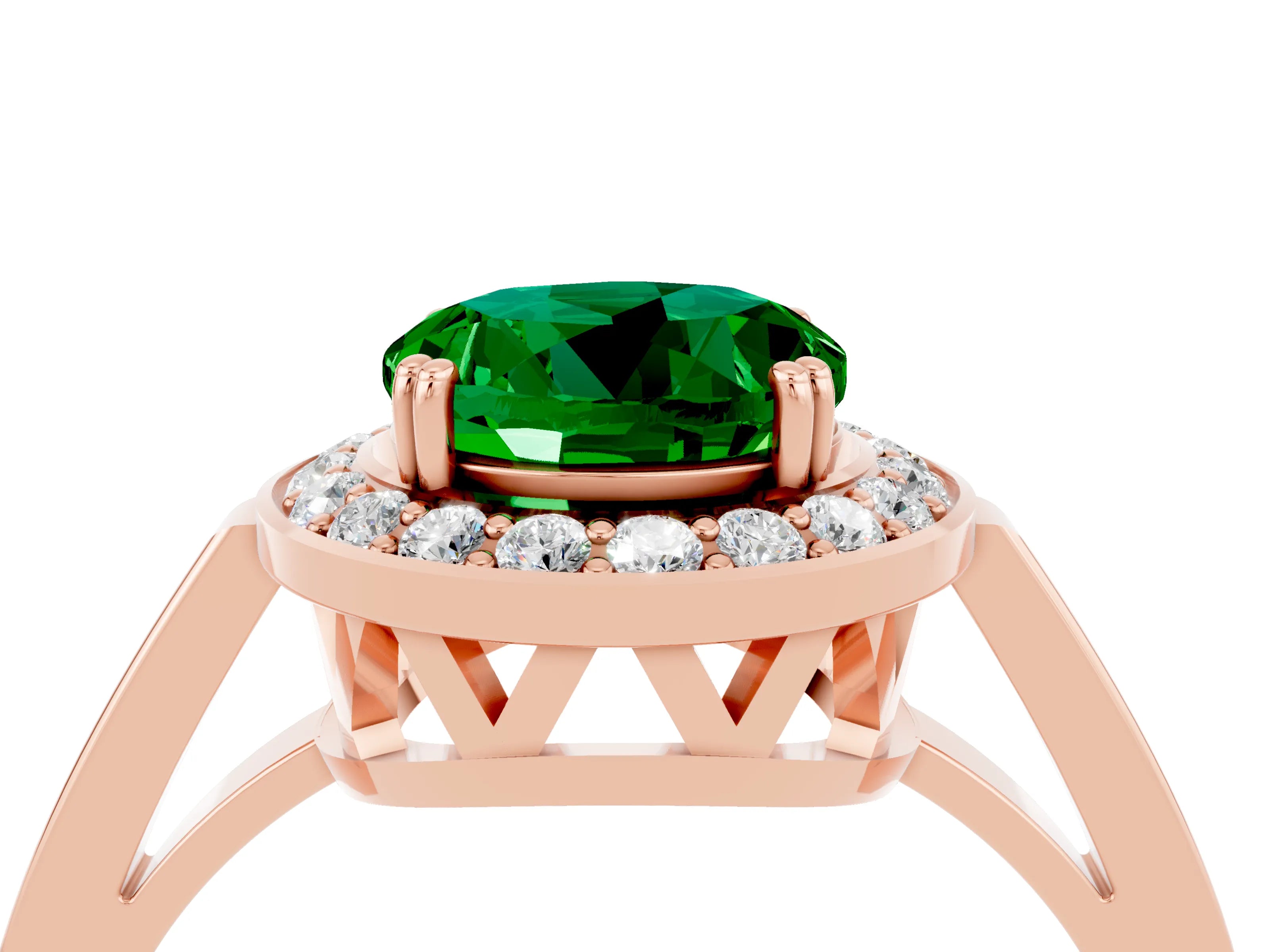Rose gold Round Cut Emerald Halo Ring with Split Shank and Four-Prong Setting_4