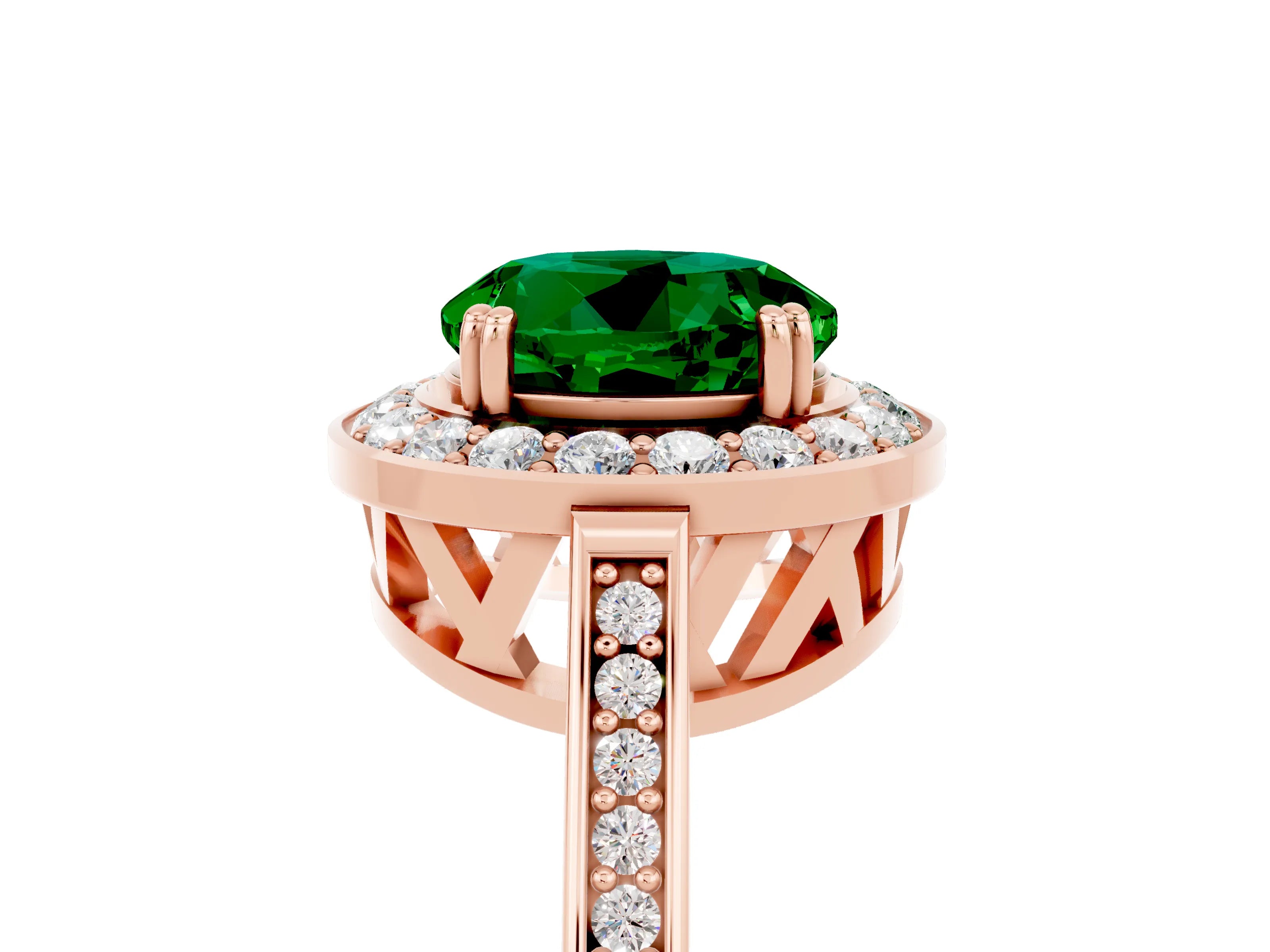 Rose gold Round Cut Emerald Halo Ring with Split Shank and Four-Prong Setting_5