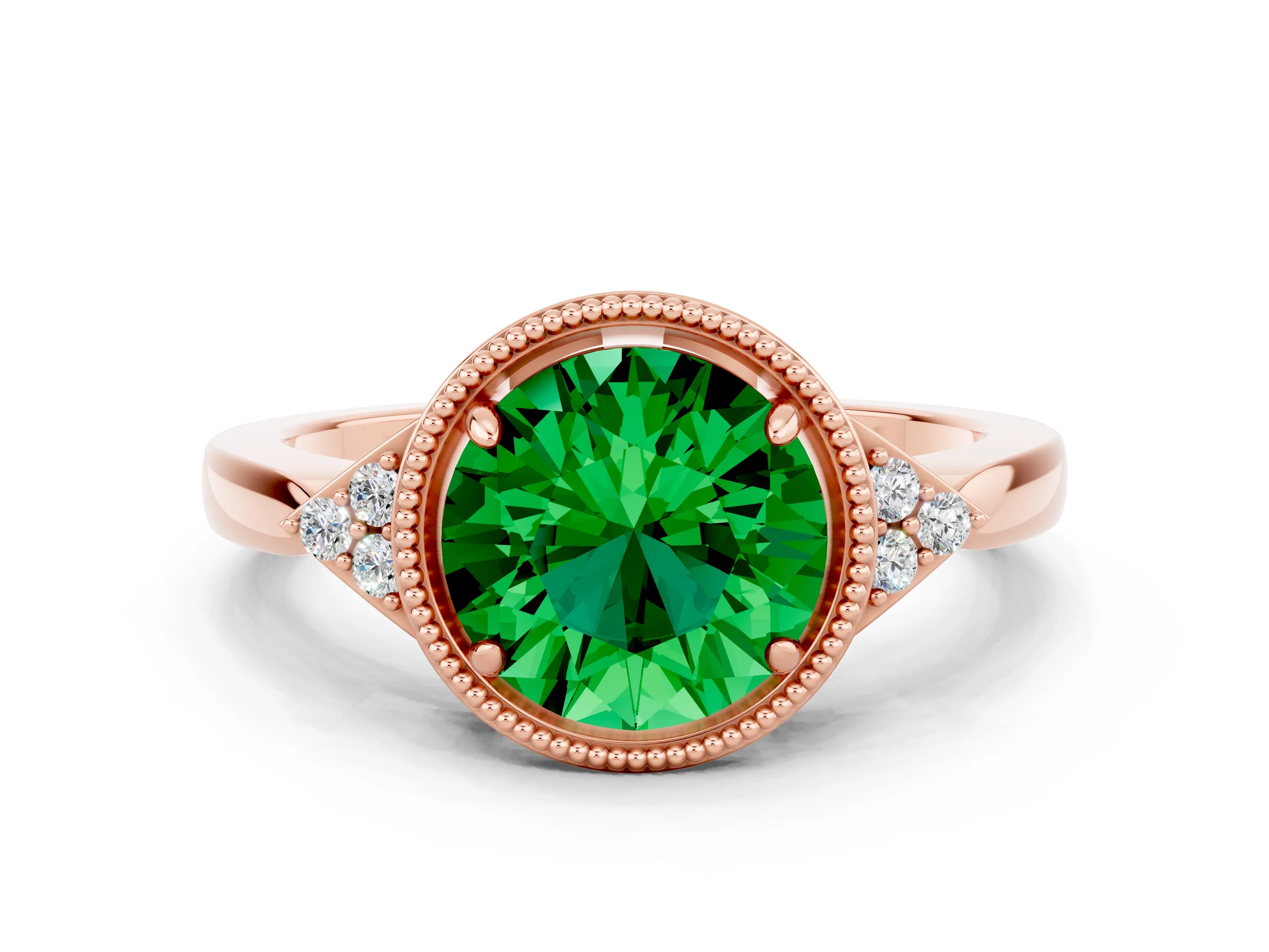 Rose gold Round Cut Emerald Halo Ring with Tapered Band and Four-Prong Setting