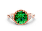 Rose gold Round Cut Emerald Halo Ring with Tapered Band and Four-Prong Setting