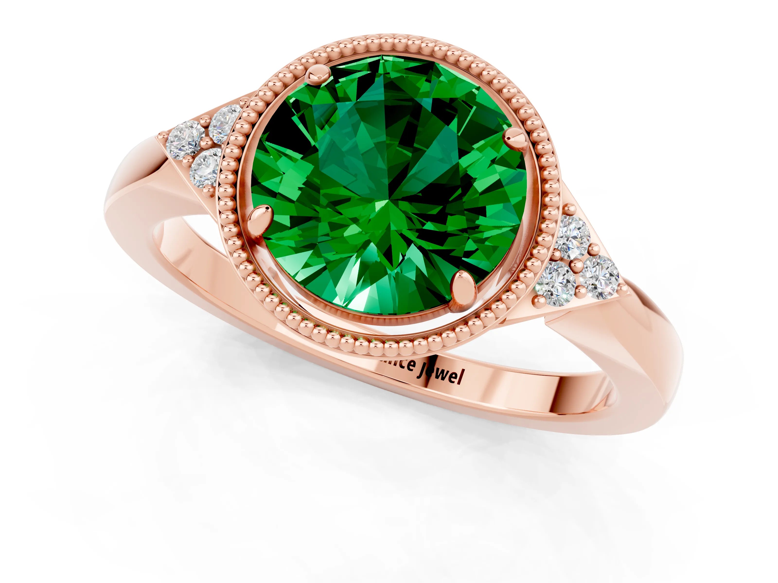 Rose gold Round Cut Emerald Halo Ring with Tapered Band and Four-Prong Setting_1