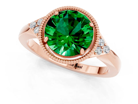 Rose gold Round Cut Emerald Halo Ring with Tapered Band and Four-Prong Setting_1