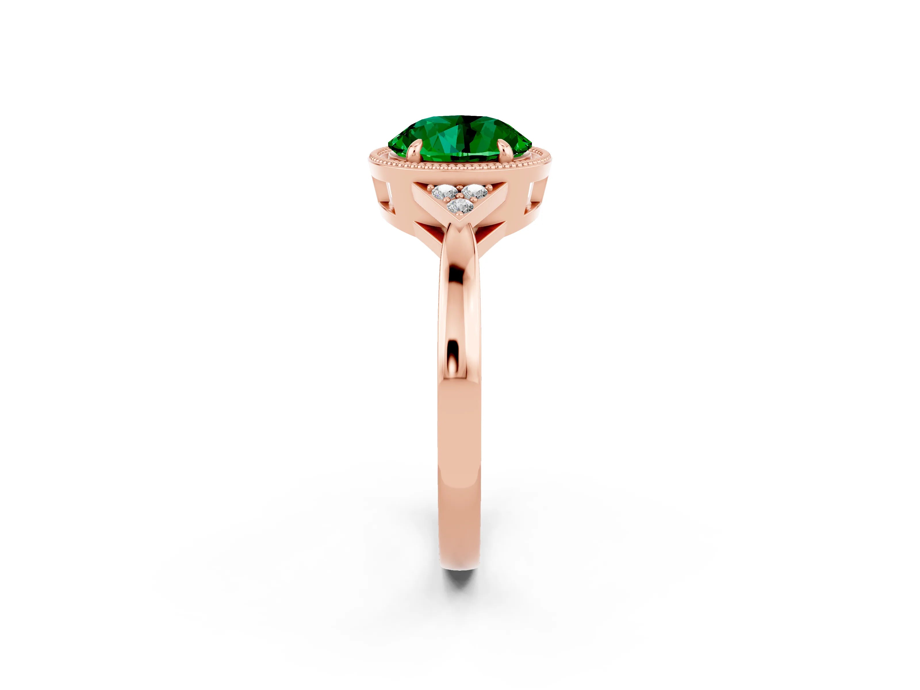 Rose gold Round Cut Emerald Halo Ring with Tapered Band and Four-Prong Setting_2
