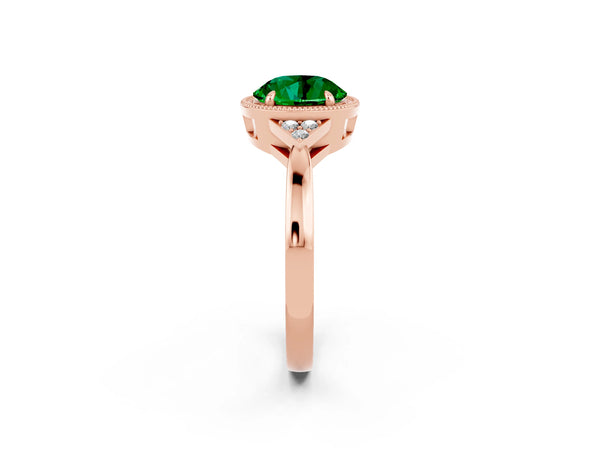 Rose gold Round Cut Emerald Halo Ring with Tapered Band and Four-Prong Setting