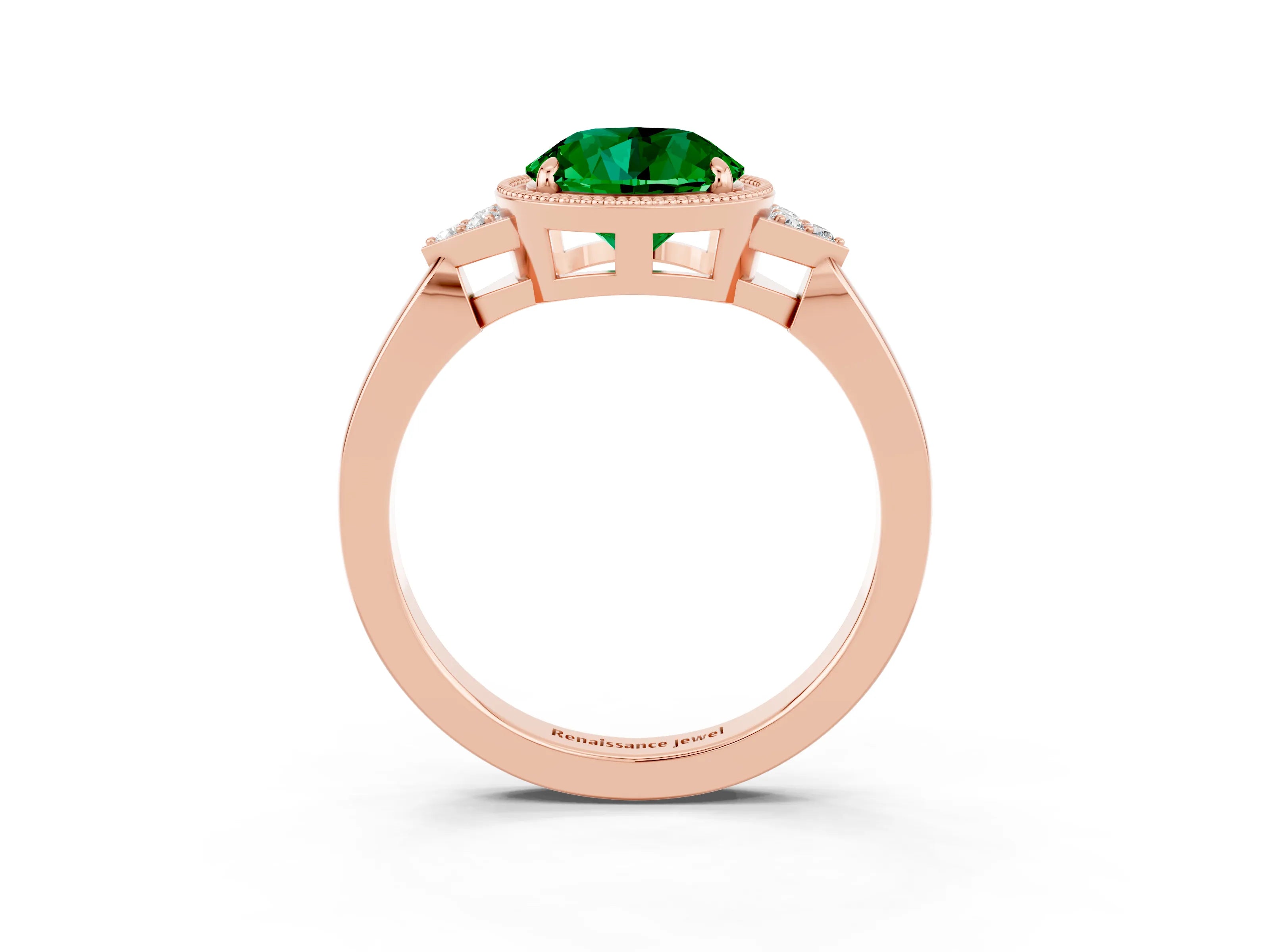 Rose gold Round Cut Emerald Halo Ring with Tapered Band and Four-Prong Setting_3