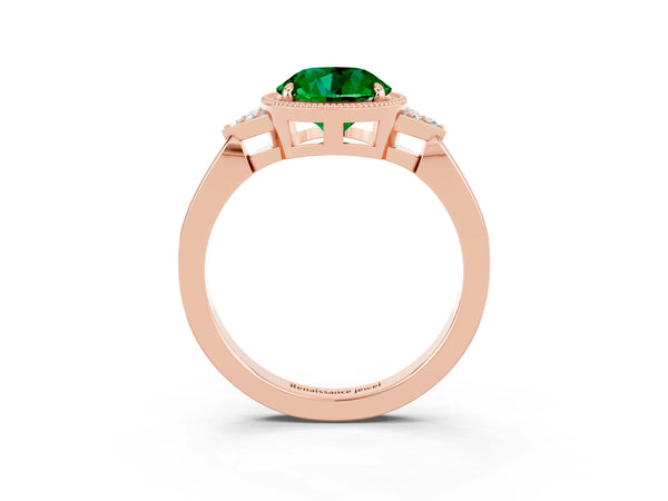 Rose gold Round Cut Emerald Halo Ring with Tapered Band and Four-Prong Setting