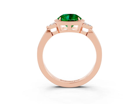 Rose gold Round Cut Emerald Halo Ring with Tapered Band and Four-Prong Setting_3