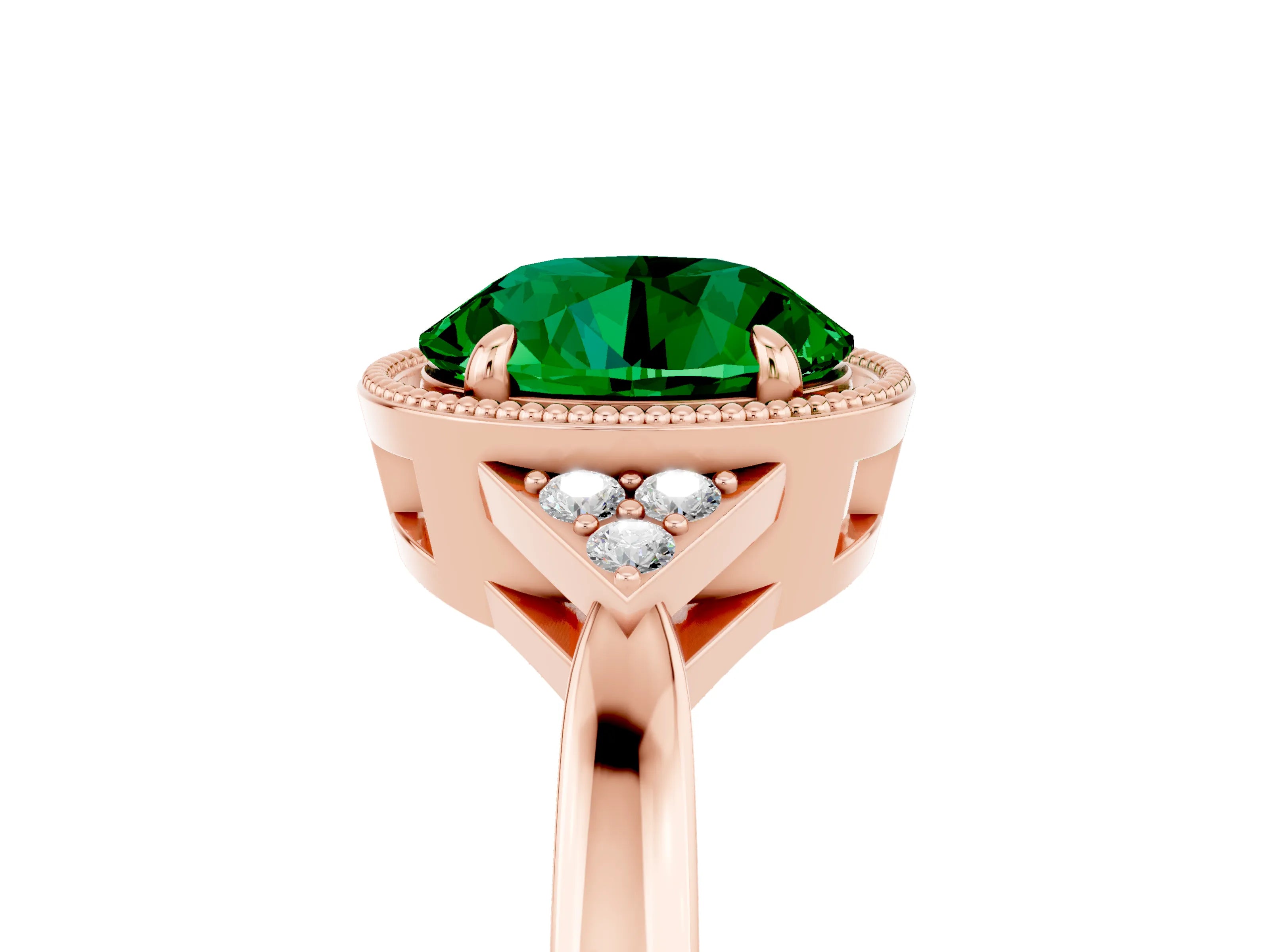 Rose gold Round Cut Emerald Halo Ring with Tapered Band and Four-Prong Setting_5