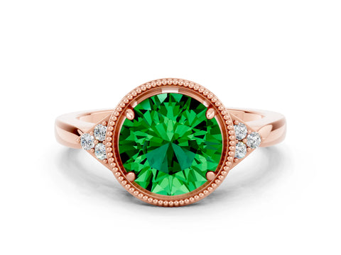 Rose gold Round Cut Emerald Halo Ring with Tapered Band and Four-Prong Setting