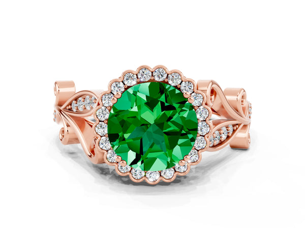 Rose gold Round Cut Emerald Halo Ring with Vintage Split Shank and Four-Prong Setting