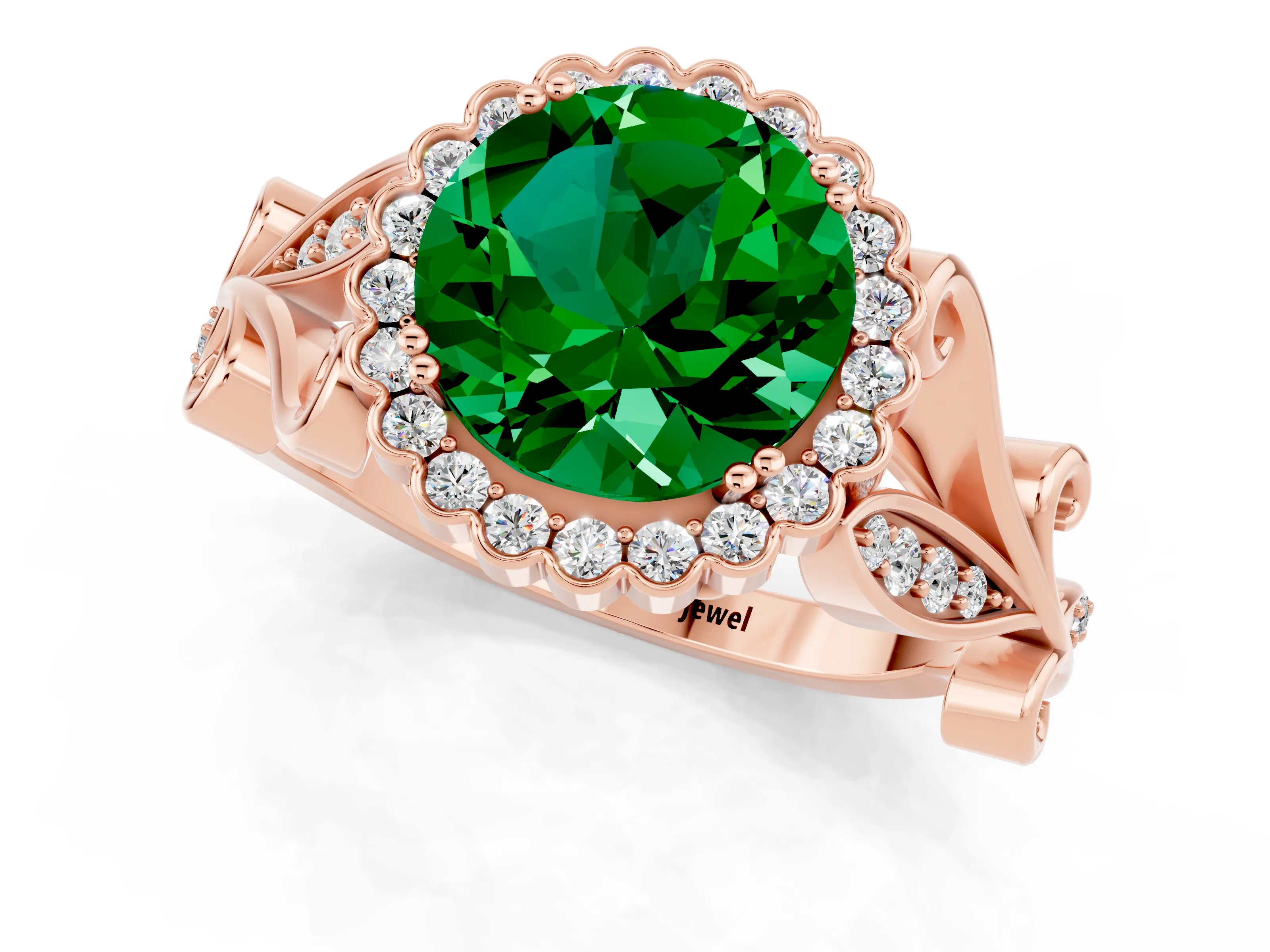 Rose gold Round Cut Emerald Halo Ring with Vintage Split Shank and Four-Prong Setting_1