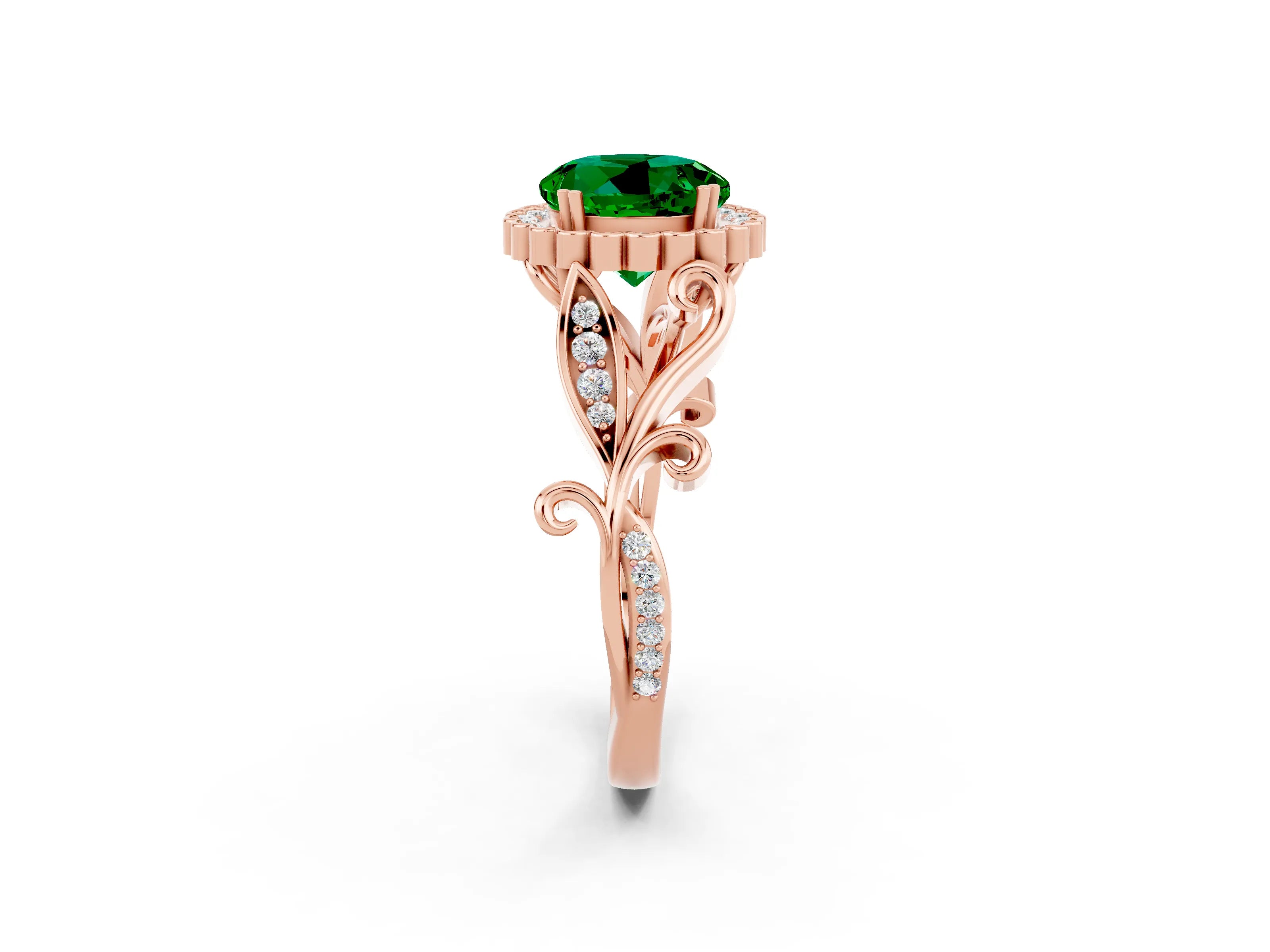 Rose gold Round Cut Emerald Halo Ring with Vintage Split Shank and Four-Prong Setting_2