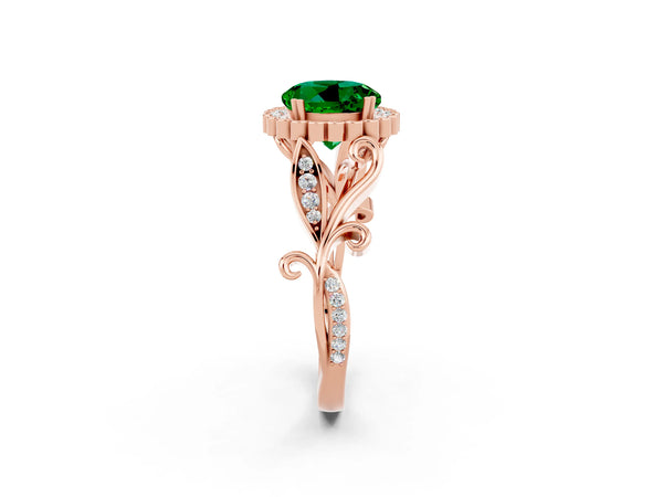 Rose gold Round Cut Emerald Halo Ring with Vintage Split Shank and Four-Prong Setting