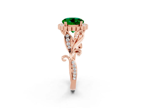 Rose gold Round Cut Emerald Halo Ring with Vintage Split Shank and Four-Prong Setting_2