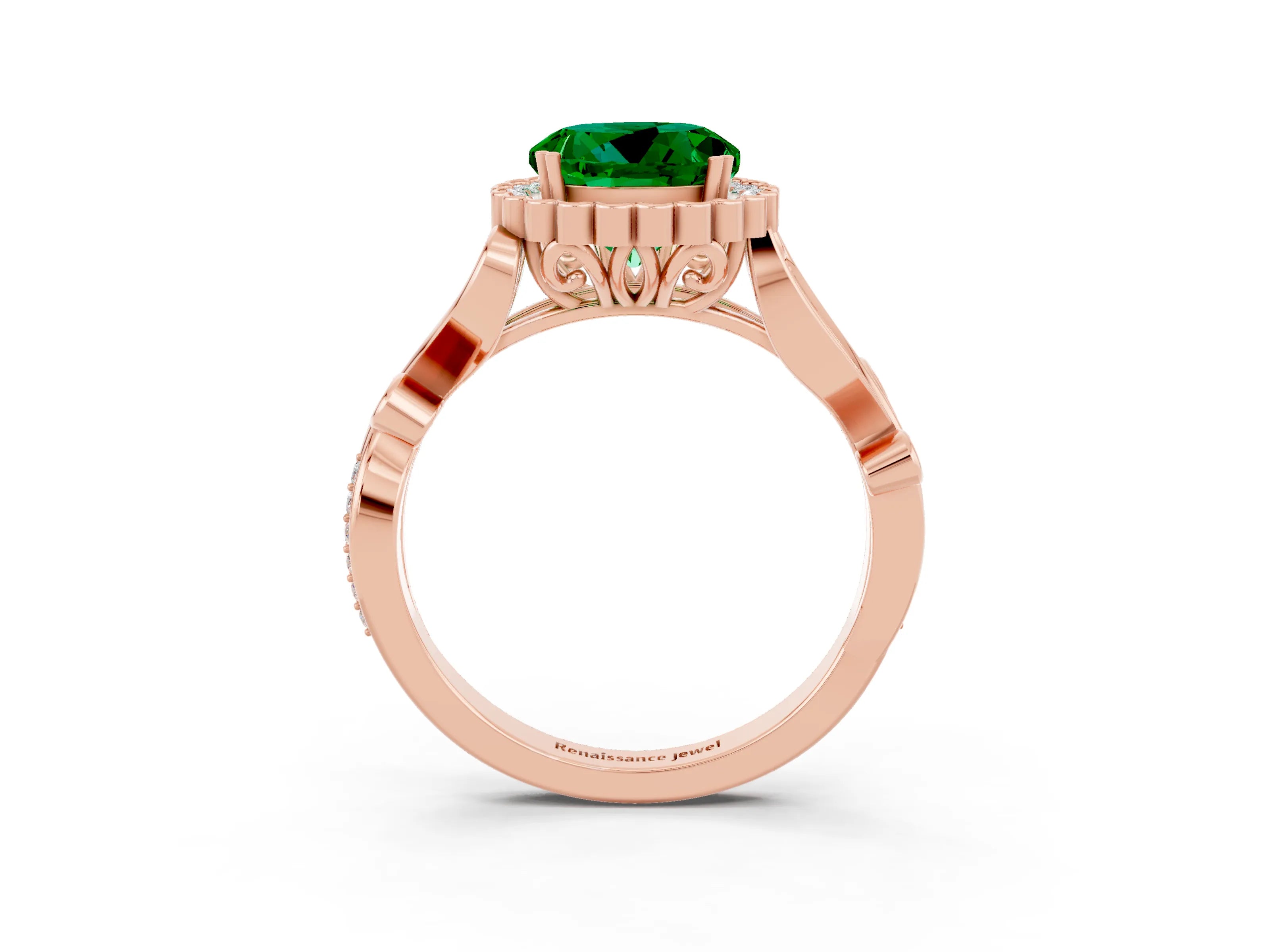 Rose gold Round Cut Emerald Halo Ring with Vintage Split Shank and Four-Prong Setting_3