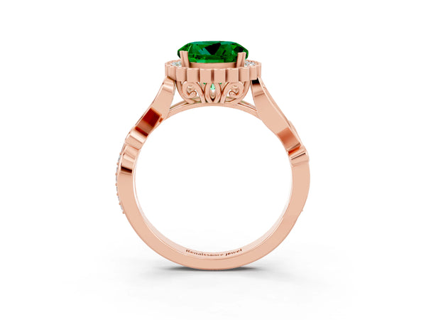 Rose gold Round Cut Emerald Halo Ring with Vintage Split Shank and Four-Prong Setting