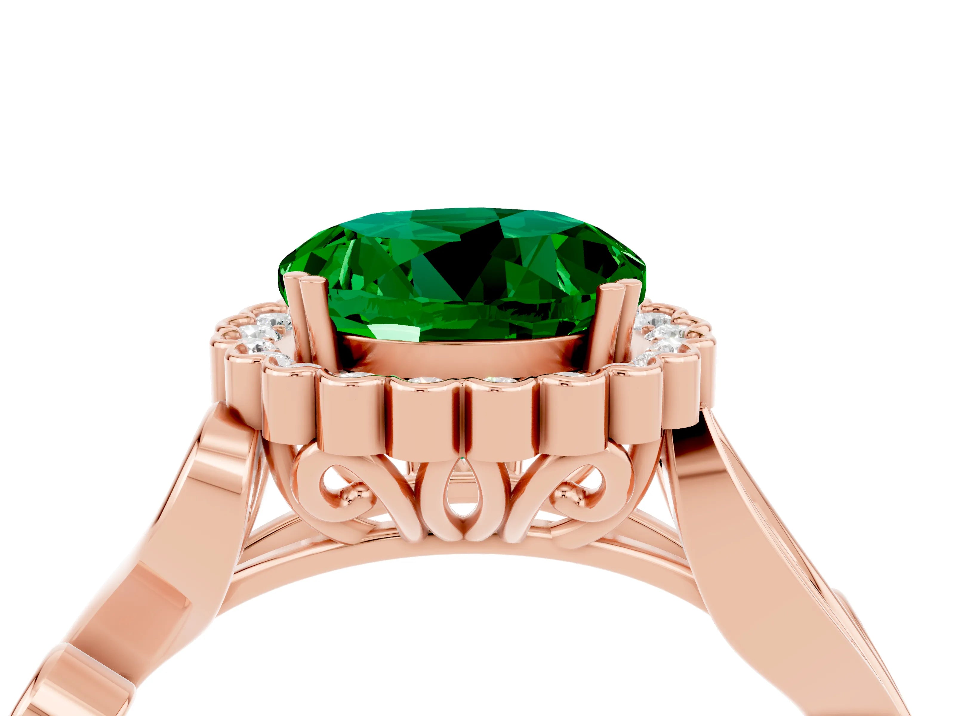 Rose gold Round Cut Emerald Halo Ring with Vintage Split Shank and Four-Prong Setting_4