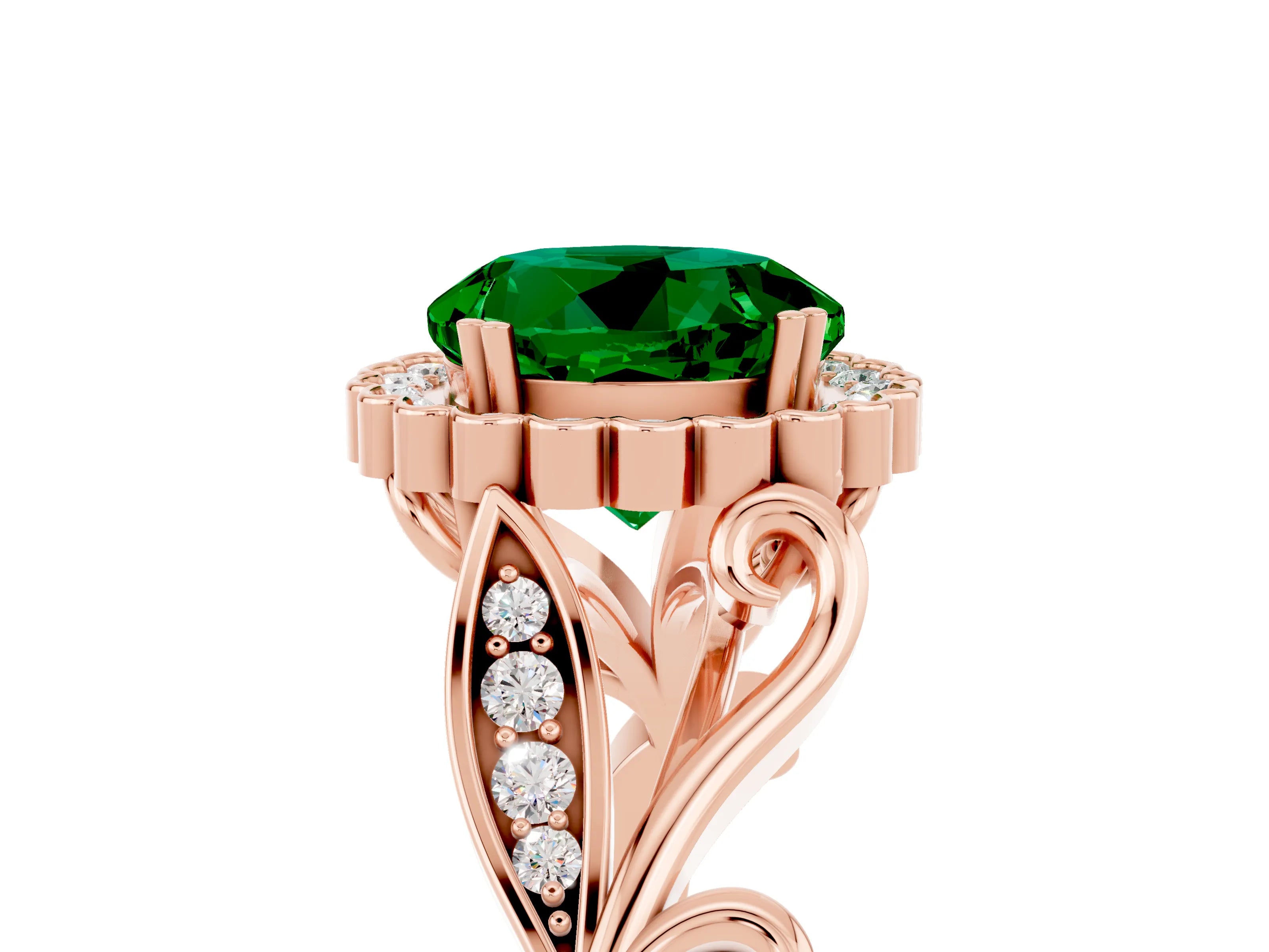 Rose gold Round Cut Emerald Halo Ring with Vintage Split Shank and Four-Prong Setting_5