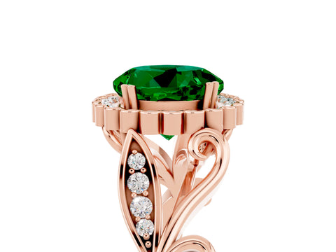 Rose gold Round Cut Emerald Halo Ring with Vintage Split Shank and Four-Prong Setting_5