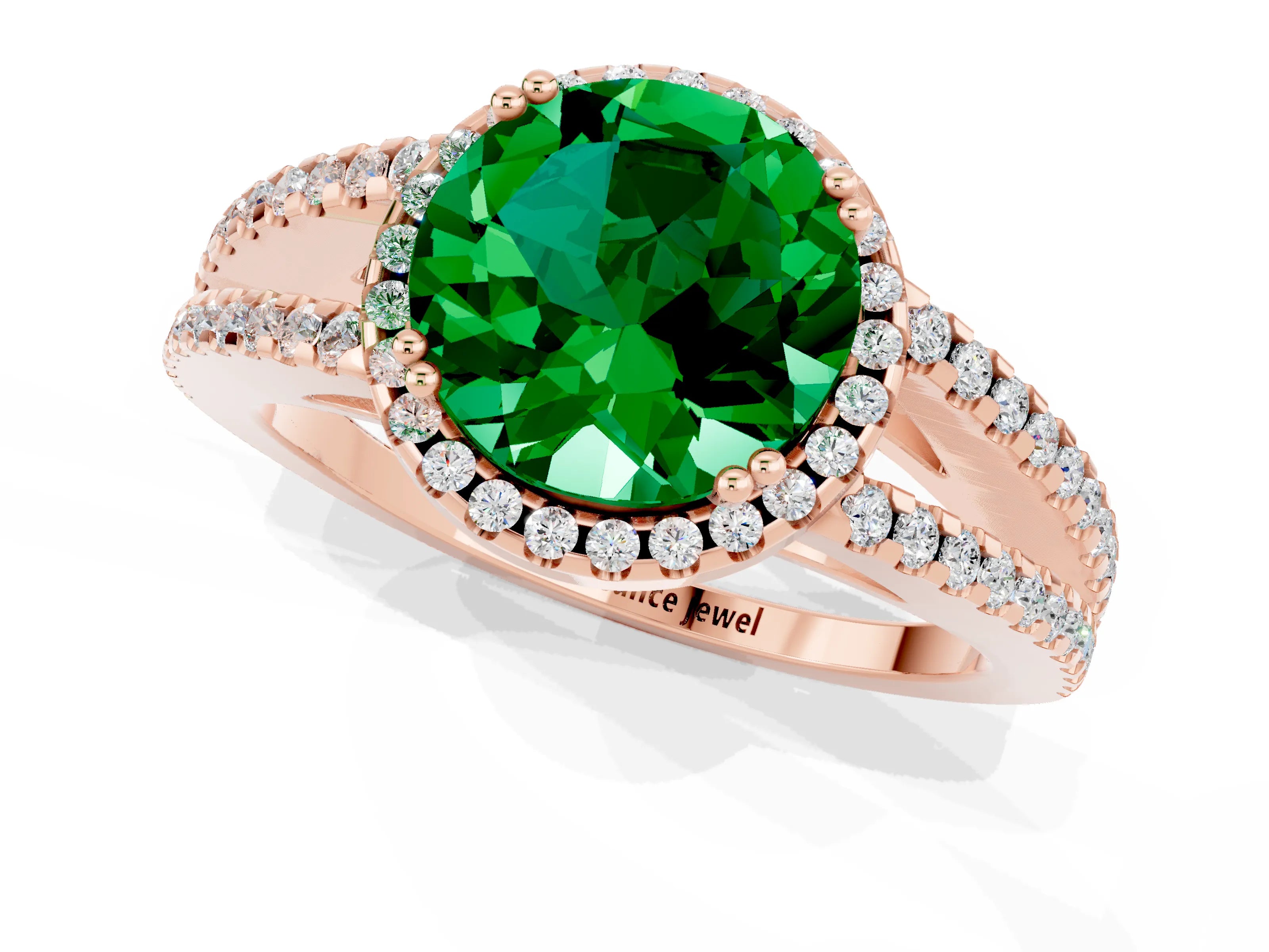 Rose gold Round Cut Emerald Halo Split Shank Engagement Ring_13