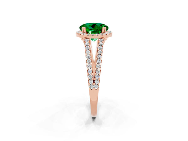 Rose gold Round Cut Emerald Halo Split Shank Engagement Ring