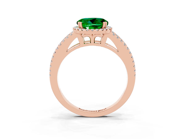 Rose gold Round Cut Emerald Halo Split Shank Engagement Ring