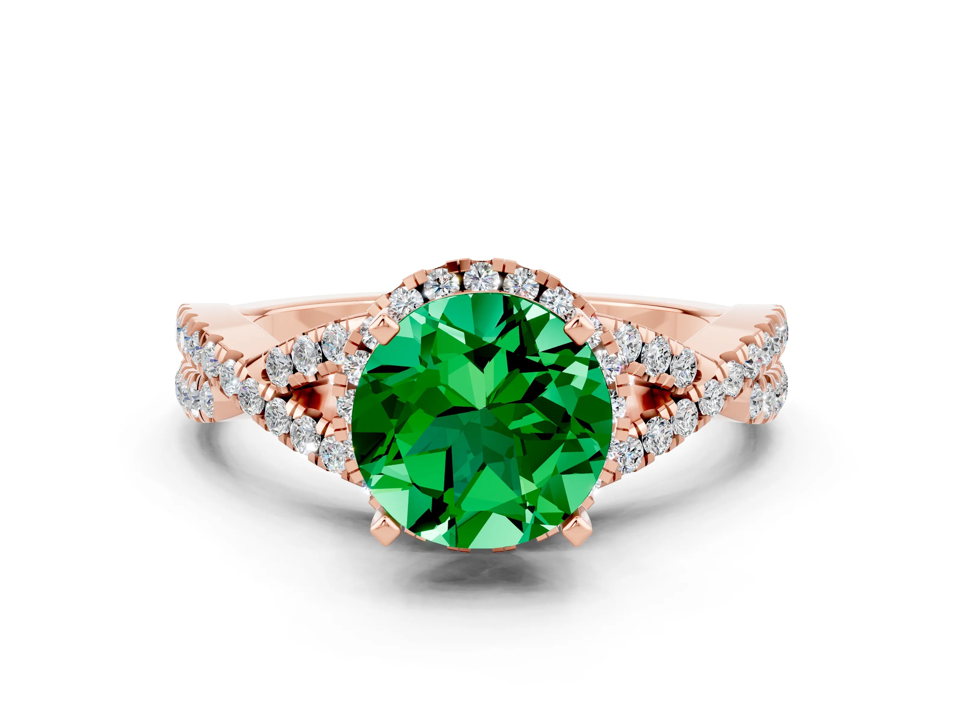 Rose gold Round Cut Emerald Halo Twist Band Solitaire Prong Setting Ring