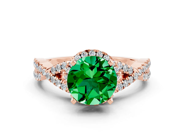 Rose gold Round Cut Emerald  Halo Twist Band Solitaire Prong Setting Ring
