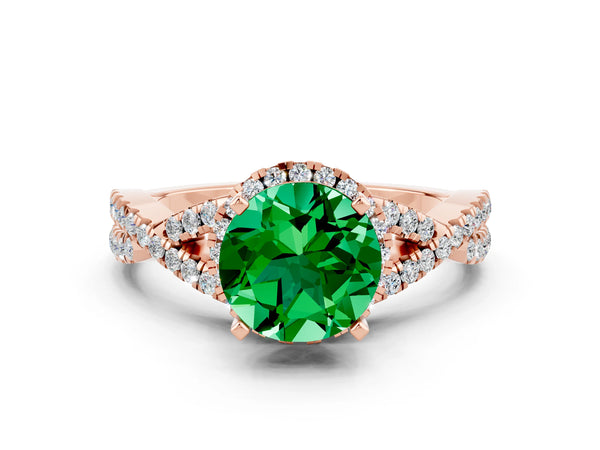Rose gold Round Cut Emerald  Halo Twist Band Solitaire Prong Setting Ring