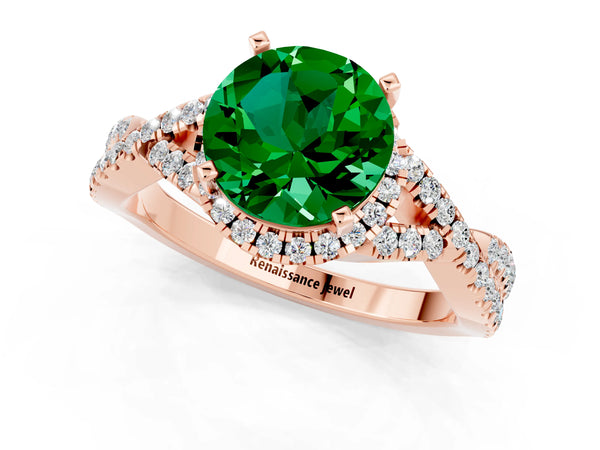 Rose gold Round Cut Emerald  Halo Twist Band Solitaire Prong Setting Ring