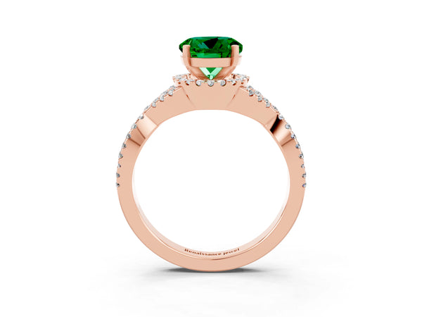 Rose gold Round Cut Emerald  Halo Twist Band Solitaire Prong Setting Ring