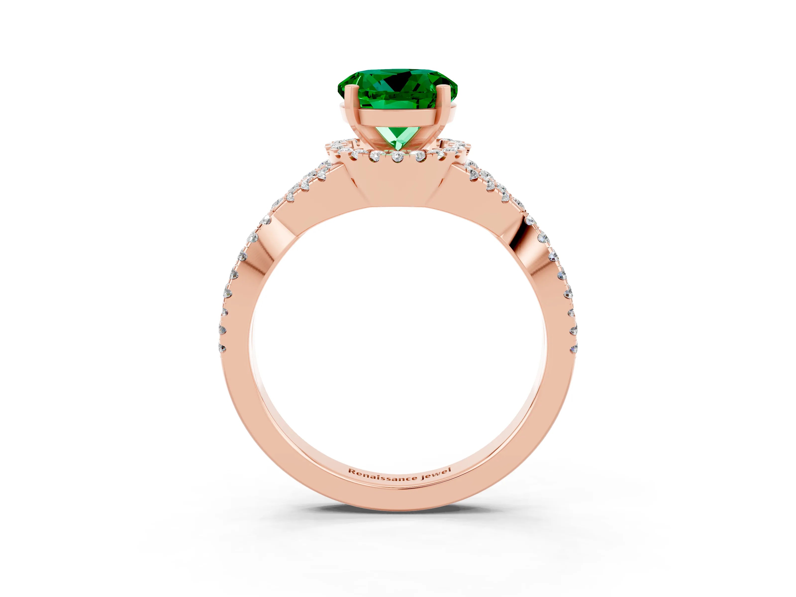 Rose gold Round Cut Emerald Halo Twist Band Solitaire Prong Setting Ring_3