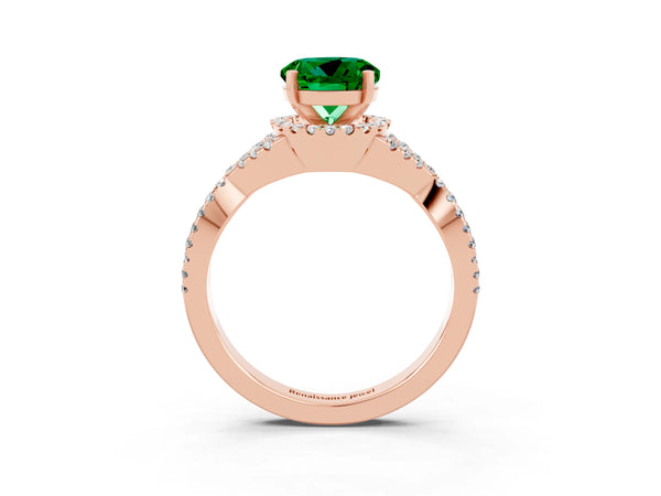 Rose gold Round Cut Emerald  Halo Twist Band Solitaire Prong Setting Ring